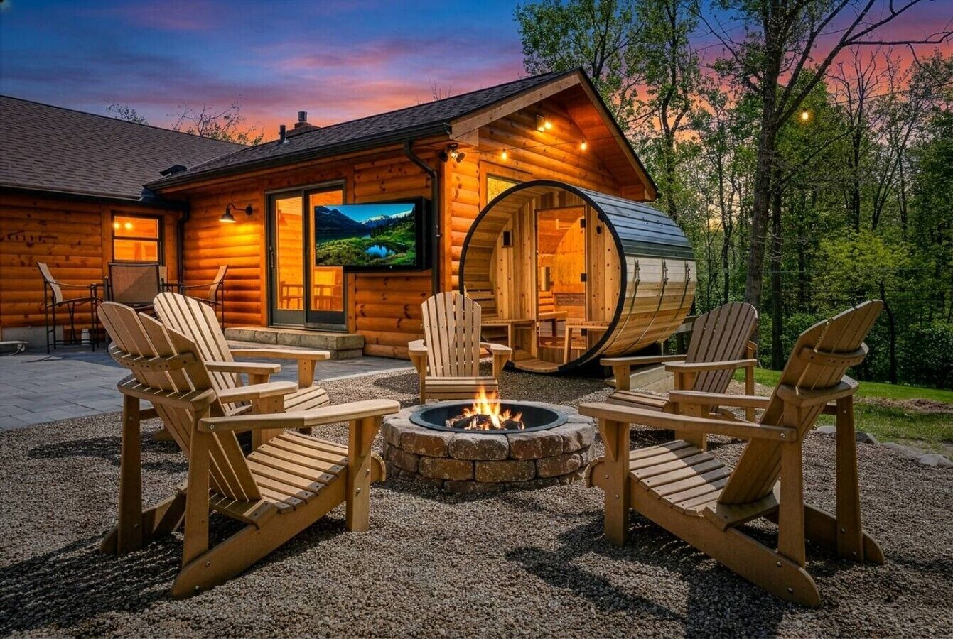 A log cabin with a fire pit and Adirondack chairs in the outdoor area.