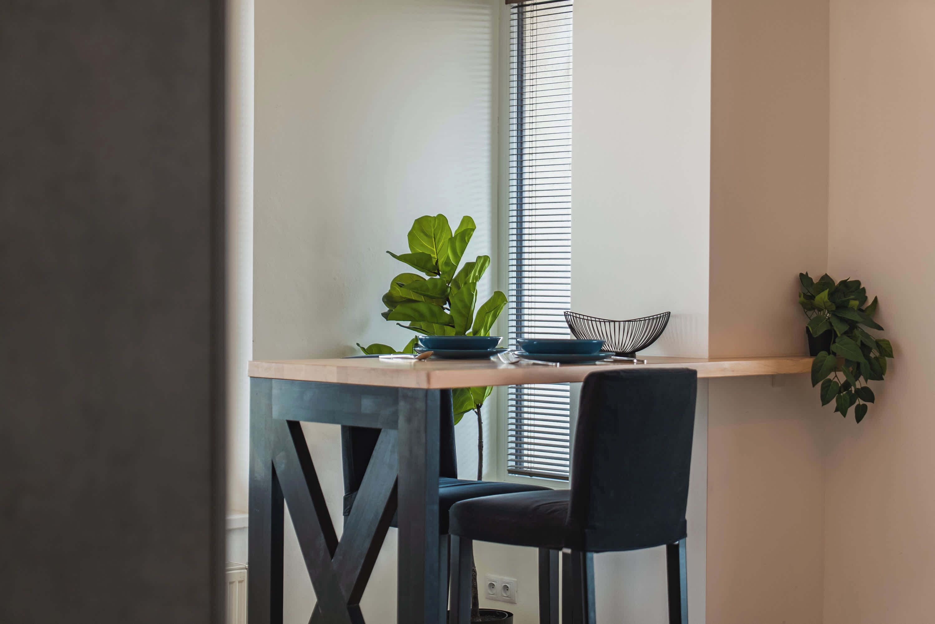 A dining area with a table, chairs, and a potted plant.