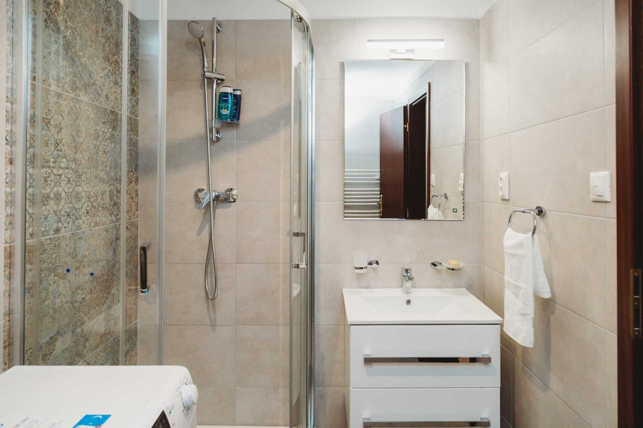 Chuveiro, secador de cabelo, toalhas de banho 