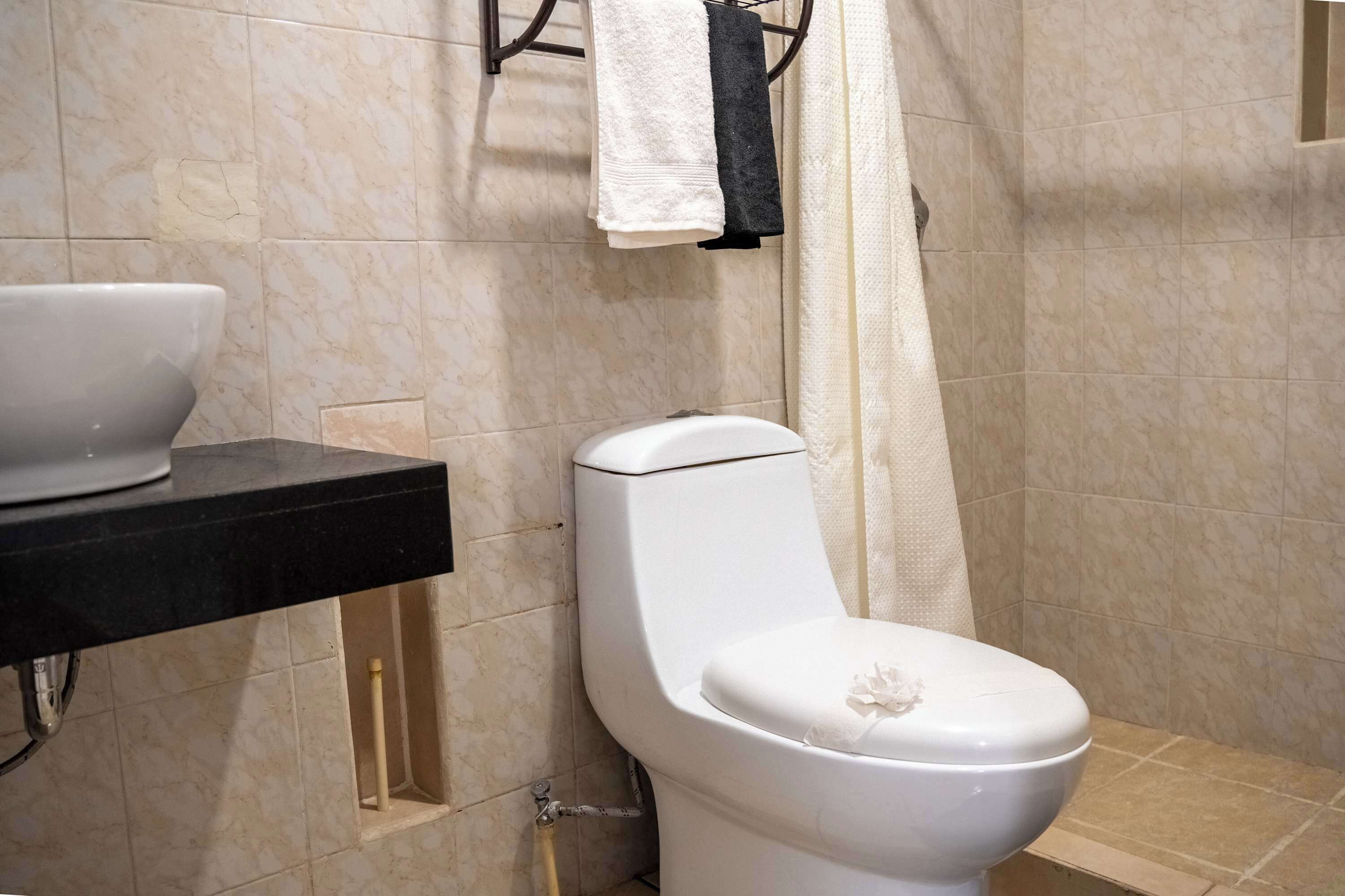 A bathroom with a toilet, a sink, and a towel rack.