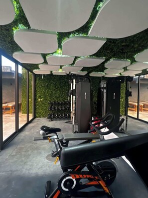Ein Fitnessstudio mit Trainingsgeräten, einer Gewichtscheibenwand und Blick ins Freie durch große Fenster.