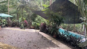 A garden area with a variety of plants, a small pool, and a shaded seating area. - Cottage with a pool and natural surroundings—just 20 minutes from the beaches and Manuel Antonio Park! (Naranjito)