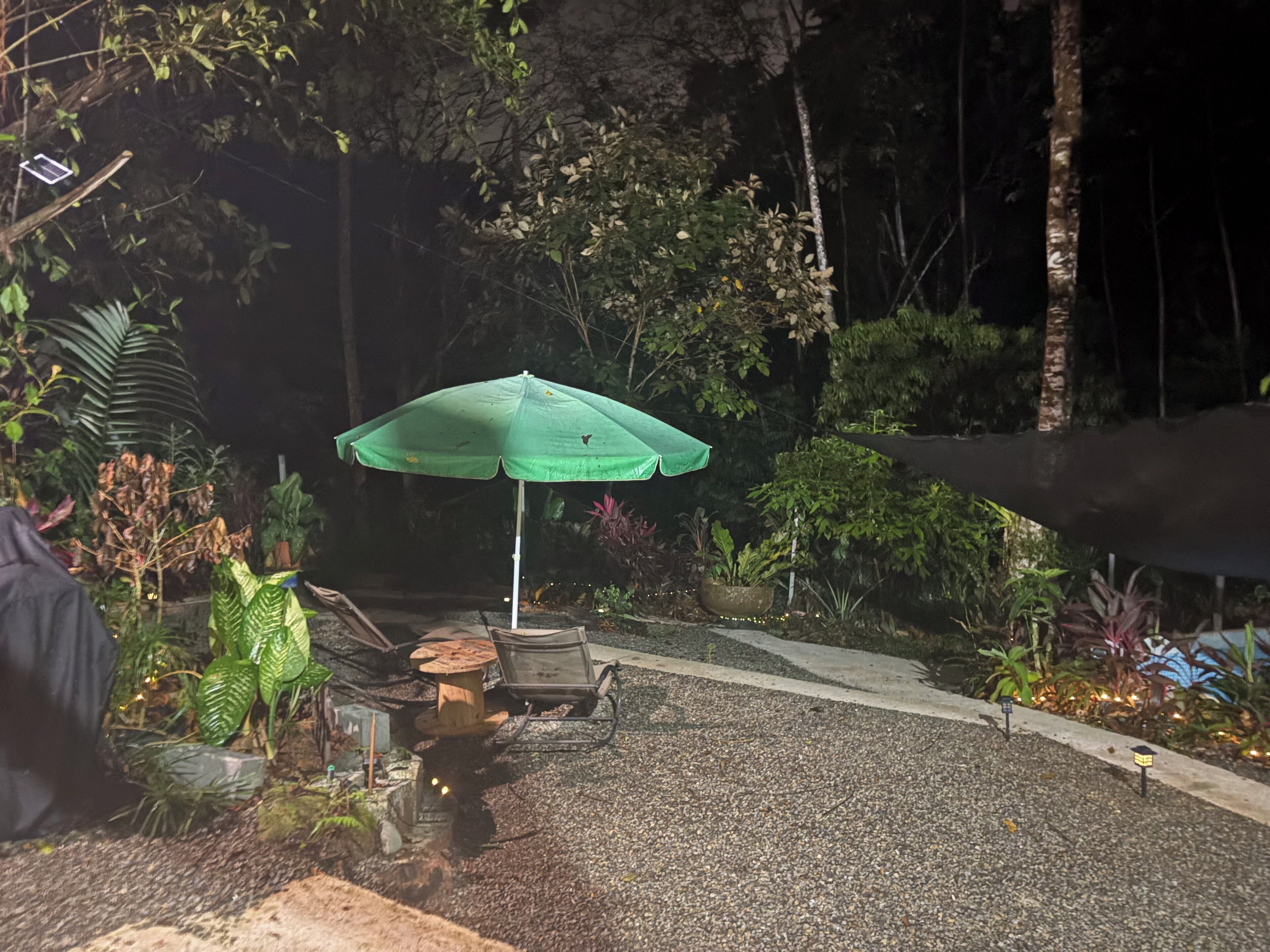 A gravel path with a green umbrella, a wooden table, and potted plants.