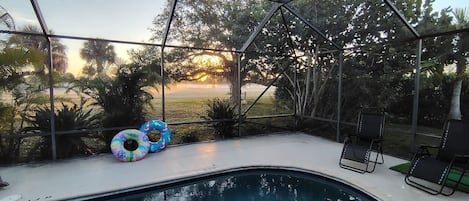 A swimming pool with a glass enclosure, surrounded by lounge chairs and inflatable rings.