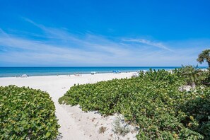 A beach with white sand, clear blue sky, and dense green foliage in the foreground. - 2BR | Coastal Condo Steps to Beach, Fully Equipped (Indian Shores)