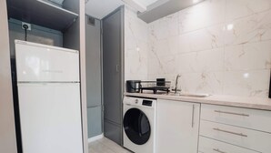Une cuisine compacte équipée d’un lave-linge intégré, d’un petit évier et d’un réfrigérateur blanc.