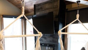 Una habitación con chimenea, un sillón colgante y un ventanal grande.