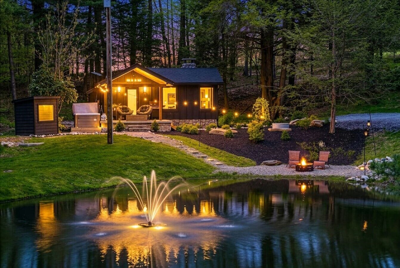 A cabin with a pond, outdoor seating, and a stone wall.