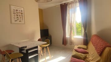 A room with a dining table, two chairs, a sofa with cushions, a hanging light fixture, a television, and a window with curtains.
