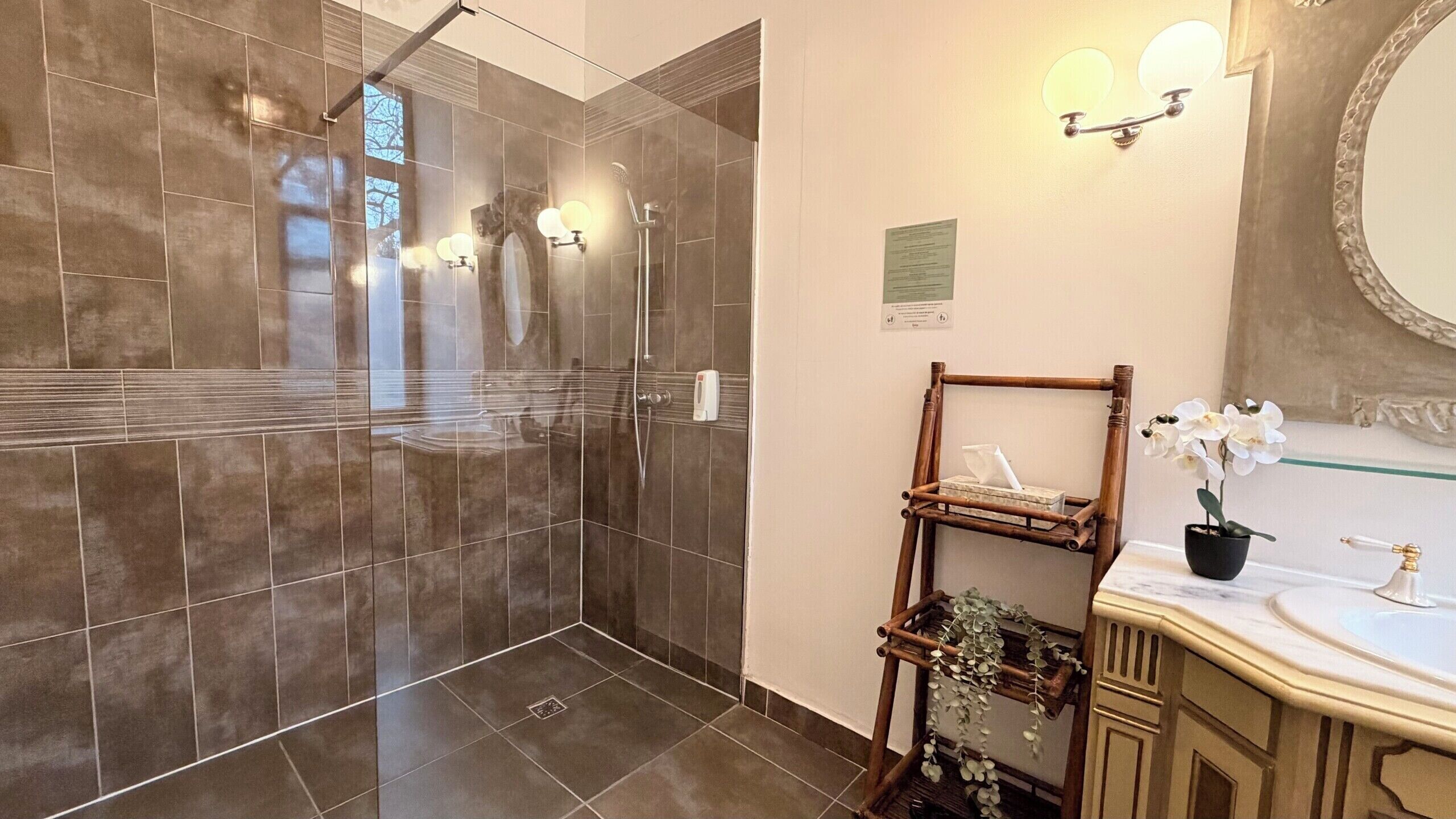 A bathroom with a glass-enclosed shower, a wooden vanity with a mirror, and a potted orchid.