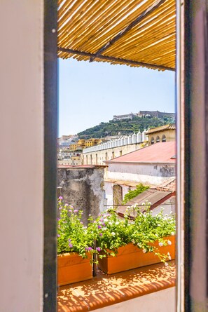 A balcony with potted plants and a view of a cityscape with buildings and a hill. - Pazzariello Roof by NapoliApartments (Naples)