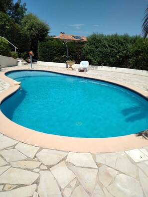 Ein Pool mit gewölbter Kante, umgeben von Steinfliesen.