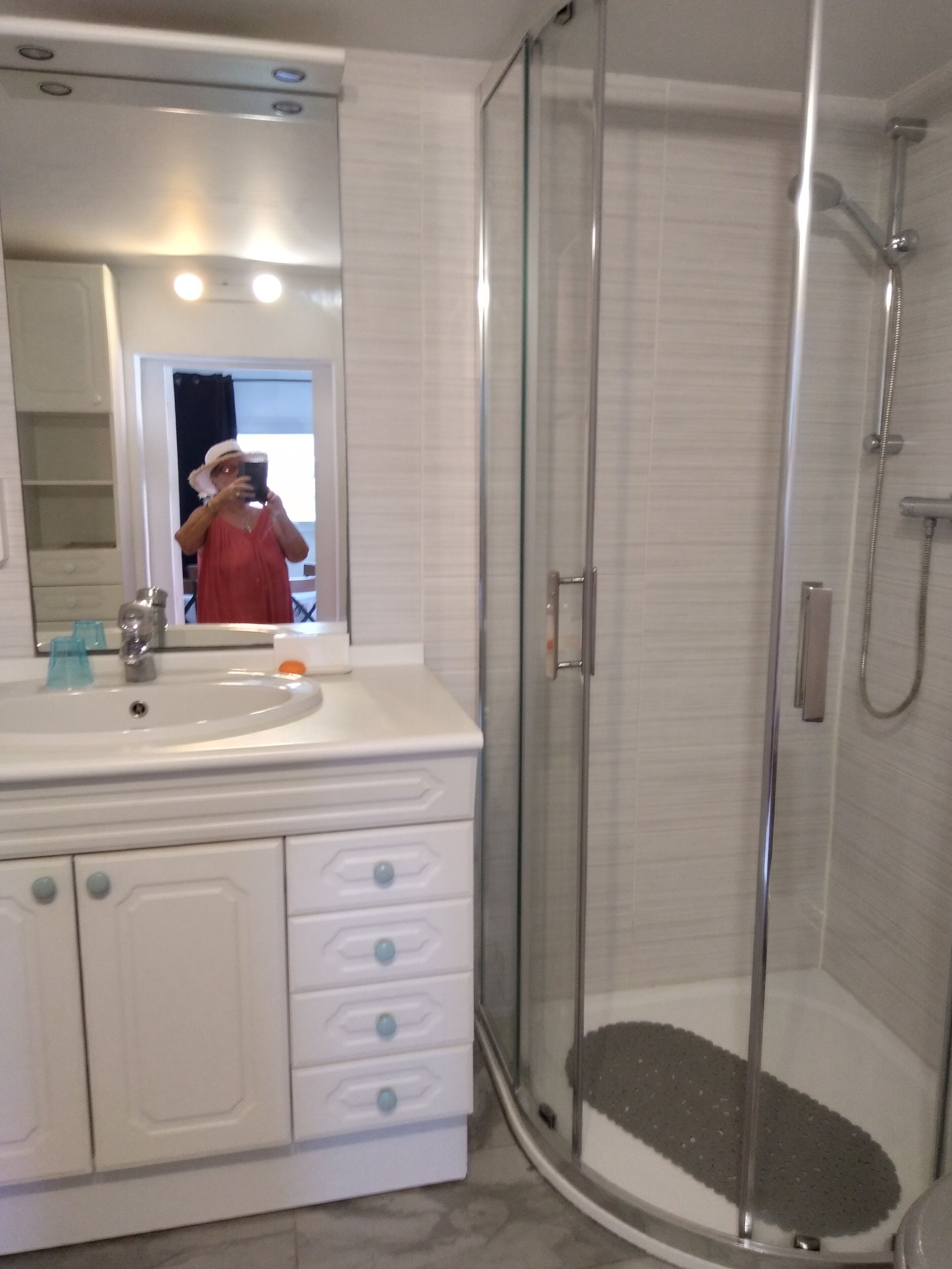 A bathroom with a glass-enclosed shower, a sink with a mirror, and a vanity with drawers.
