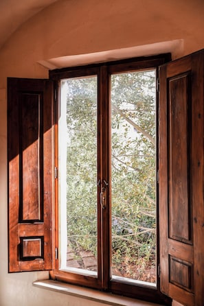 A wooden-framed window with a view of greenery outside. - La Casa sul Corso - Nel cuore di Foiano della Chiana (Foiano della Chiana)