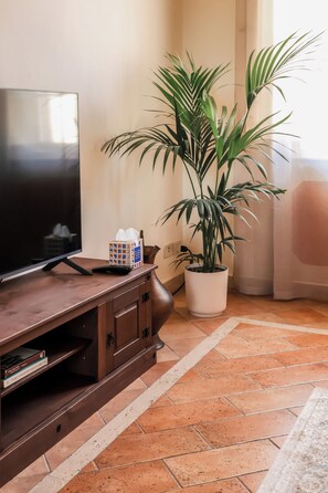 A living room with a flat-screen TV on a wooden cabinet, a potted plant, and a tiled floor. - La Casa sul Corso - Nel cuore di Foiano della Chiana (Foiano della Chiana)