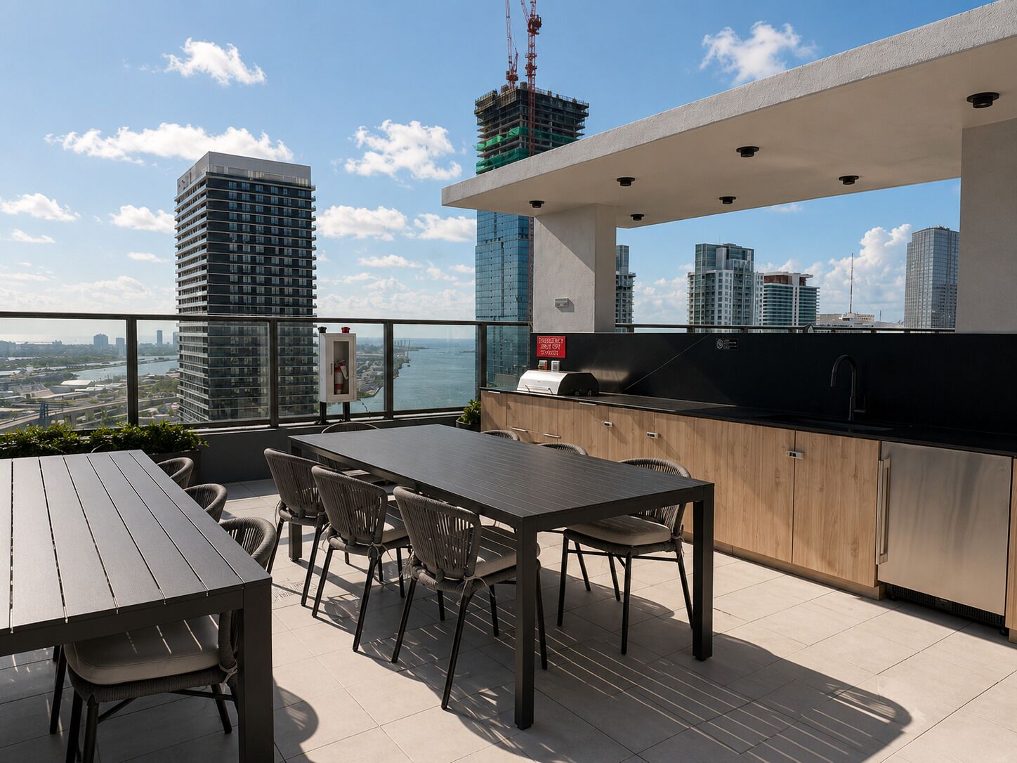 Eine Dachterrasse mit Essbereich, Bar und Blick auf die Skyline der Stadt.