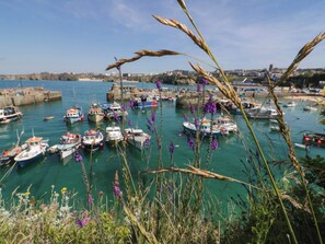 A harbor with boats docked, surrounded by greenery and a clear sky. - Shoreline Studio Room No.2 (Newquay)