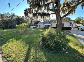 A residential property with a well-maintained lawn, a large tree with hanging moss, and a house with a visible front porch.