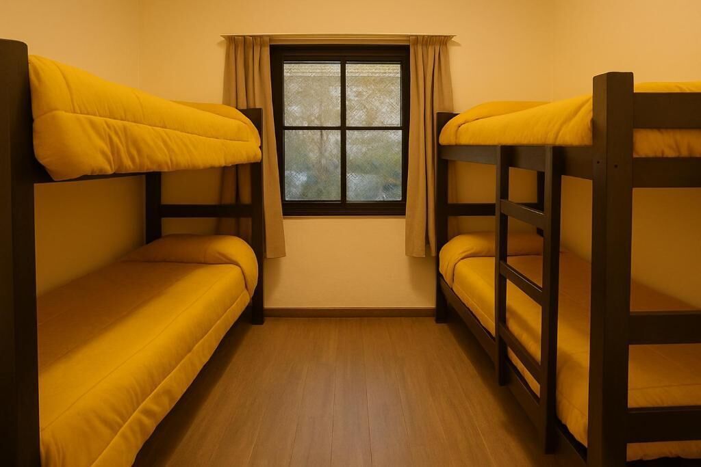 A room with bunk beds, a window with curtains, and a wooden floor.
