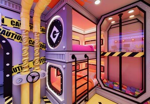 A bunk bed room with a window, a control panel, and caution tape. - 10BR house sleeps 27 near Disney (Clermont)