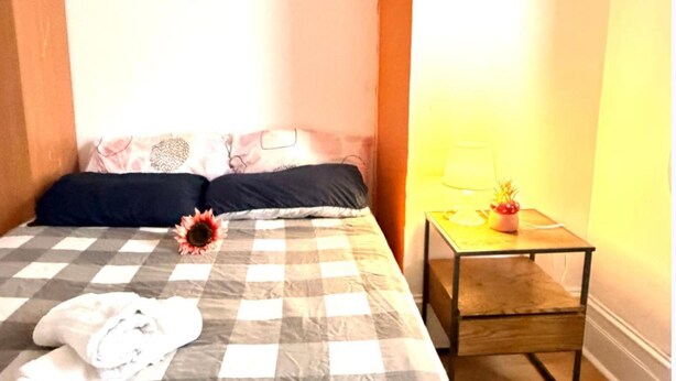 A hotel room with a checkered bedspread, a rolled towel, a small potted plant, and a nightstand with a lamp. - Ground Floor Studio - Willesden Green - Sleeps 4 (London)