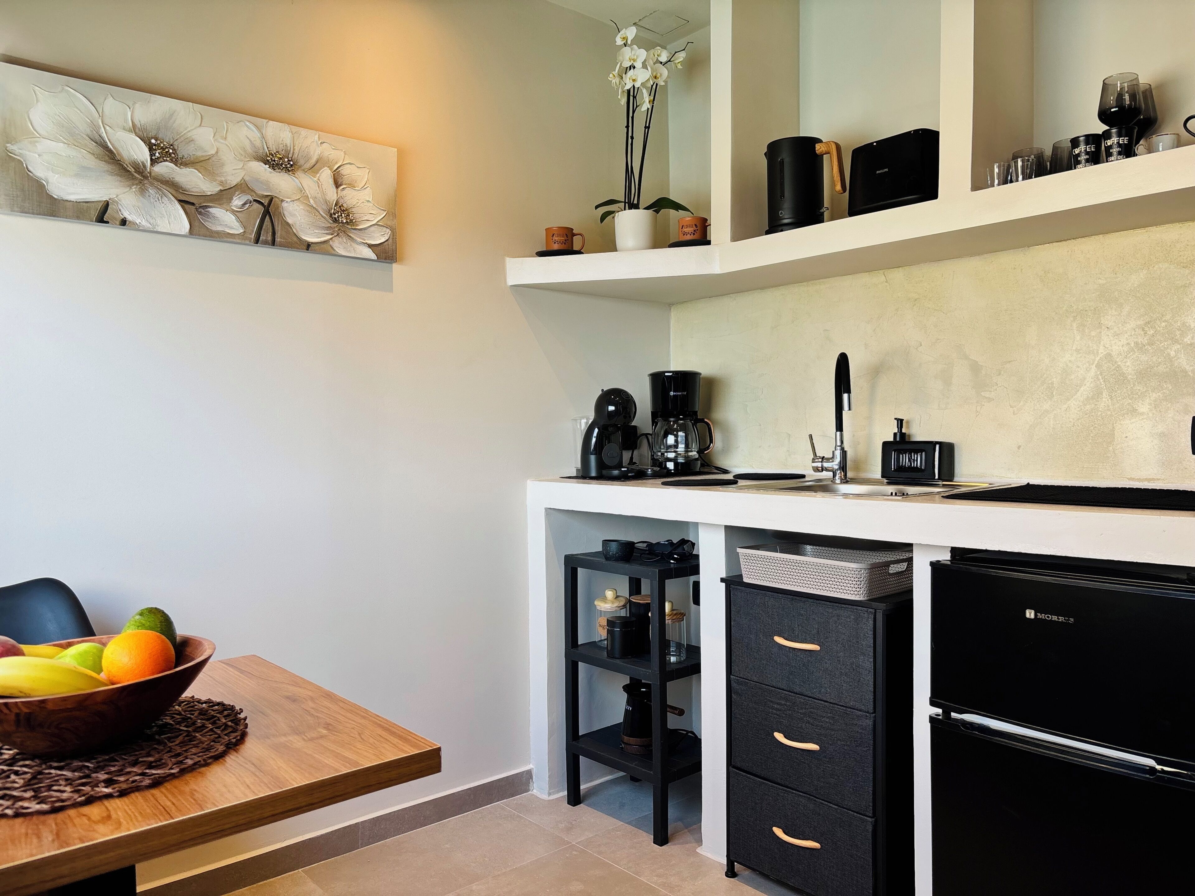 Mini-fridge, dishwasher, cookware/dishes/utensils