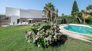 Una casa moderna con piscina, césped y diversas plantas.