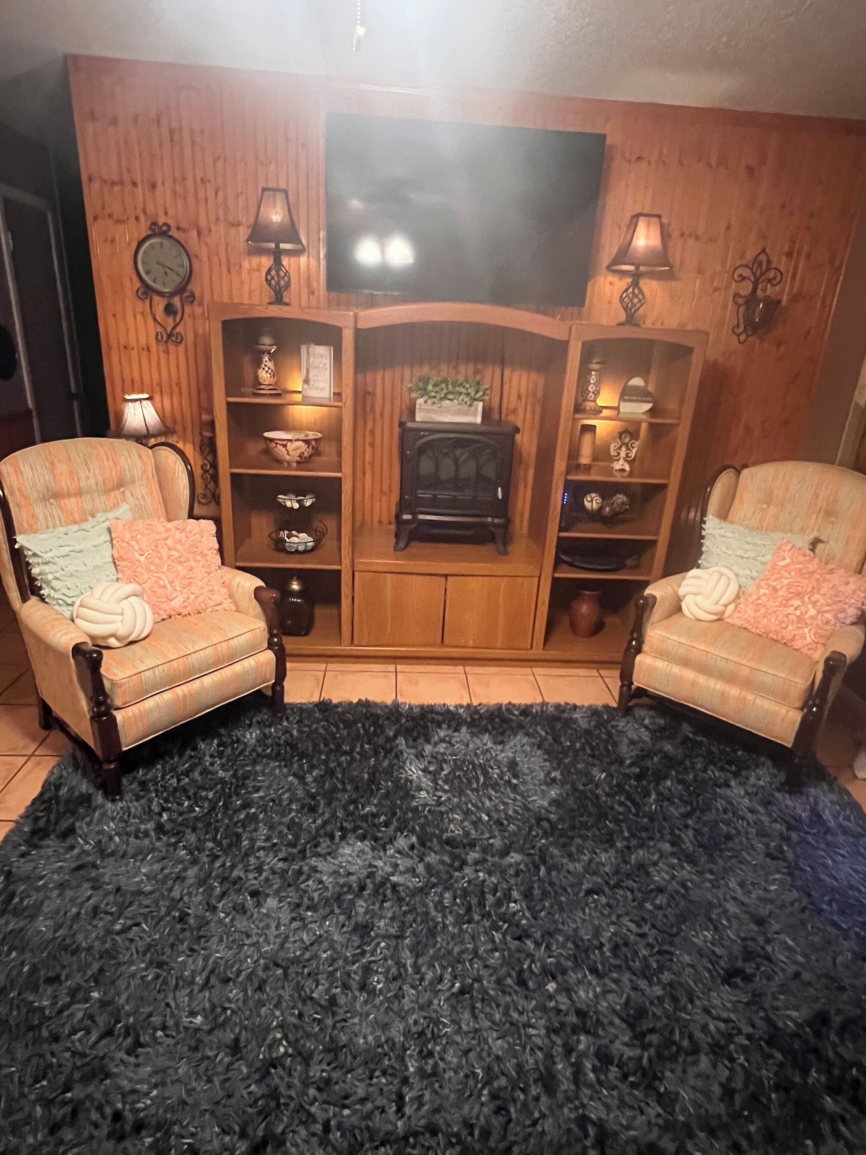Una sala de estar con dos sillones, un felpudo negro, paneles de madera, un televisor de pantalla plana y una chimenea decorativa.