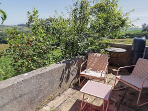 A patio with a table and chairs, a barbecue grill, and a view of a green landscape. - Farm Cottage (Carmarthen)