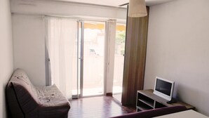 A room with a sofa, a television on a stand, and a sliding glass door leading to an outdoor area. - Bright studio apartment 50 meters from the beach (Mauguio)