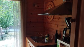 A compact kitchen with wooden cabinets, a sink, and a window overlooking a green outdoor area.
