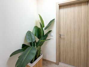 A wooden door with a keyhole, a potted plant with large green leaves, and a white switch on the wall. - Apartment Praia Rocha | Elite Residence | Prestige (Portimão)