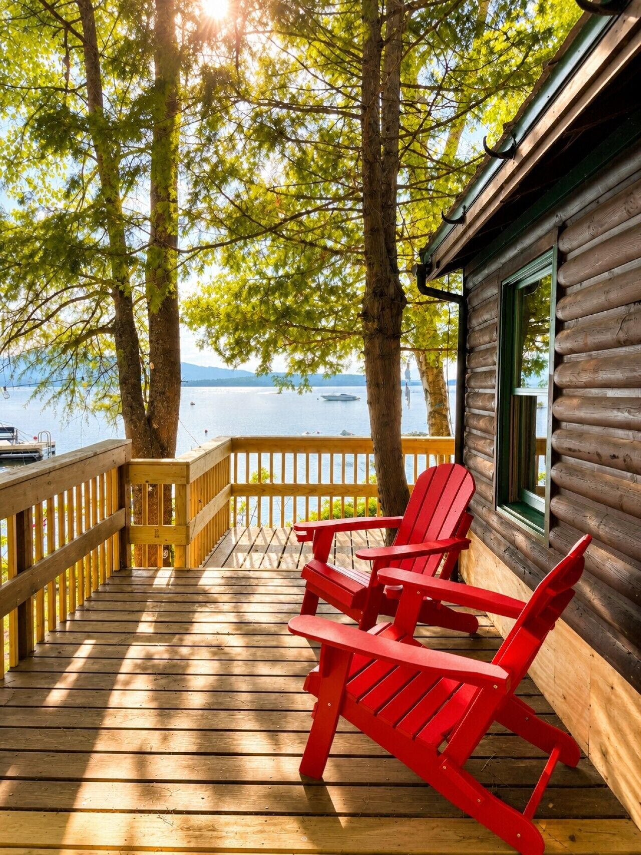 Une terrasse en bois avec des fauteuils Adirondack rouges, un chalet en bois et une vue sur le lac.