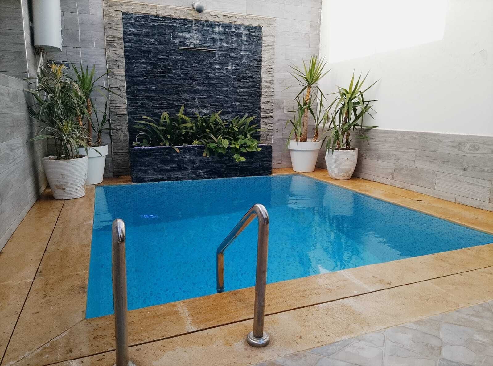 Une piscine avec un mur en pierre et des plantes en pot.