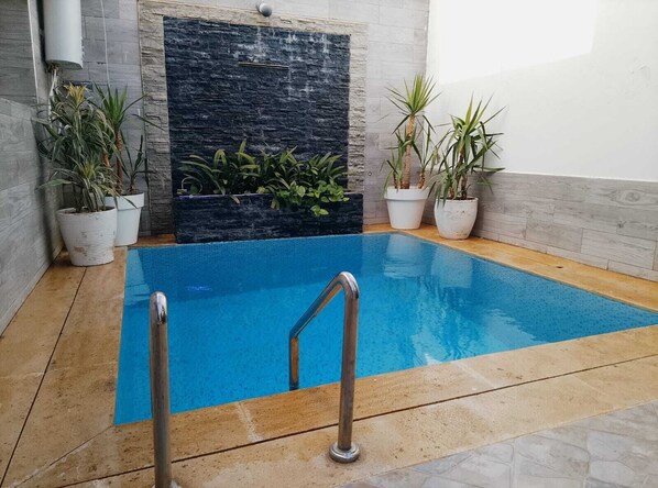 A swimming pool with a stone wall and potted plants.