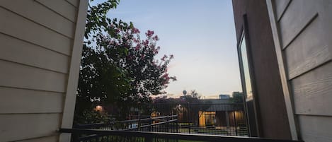 A view from a balcony with a metal railing, a tree with pink flowers, and a building in the background.
