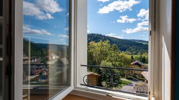 Une vue depuis une fenêtre ornée d’une balustrade en métal, donnant sur une vallée parsemée d’arbres et sur une chaîne de montagnes lointaine.