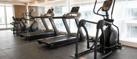 A gym with treadmills, ellipticals, and a bench.