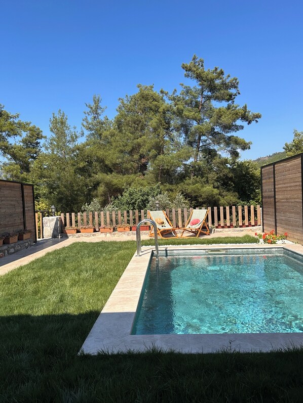 A backyard with a swimming pool, a wooden fence, and two lounge chairs.