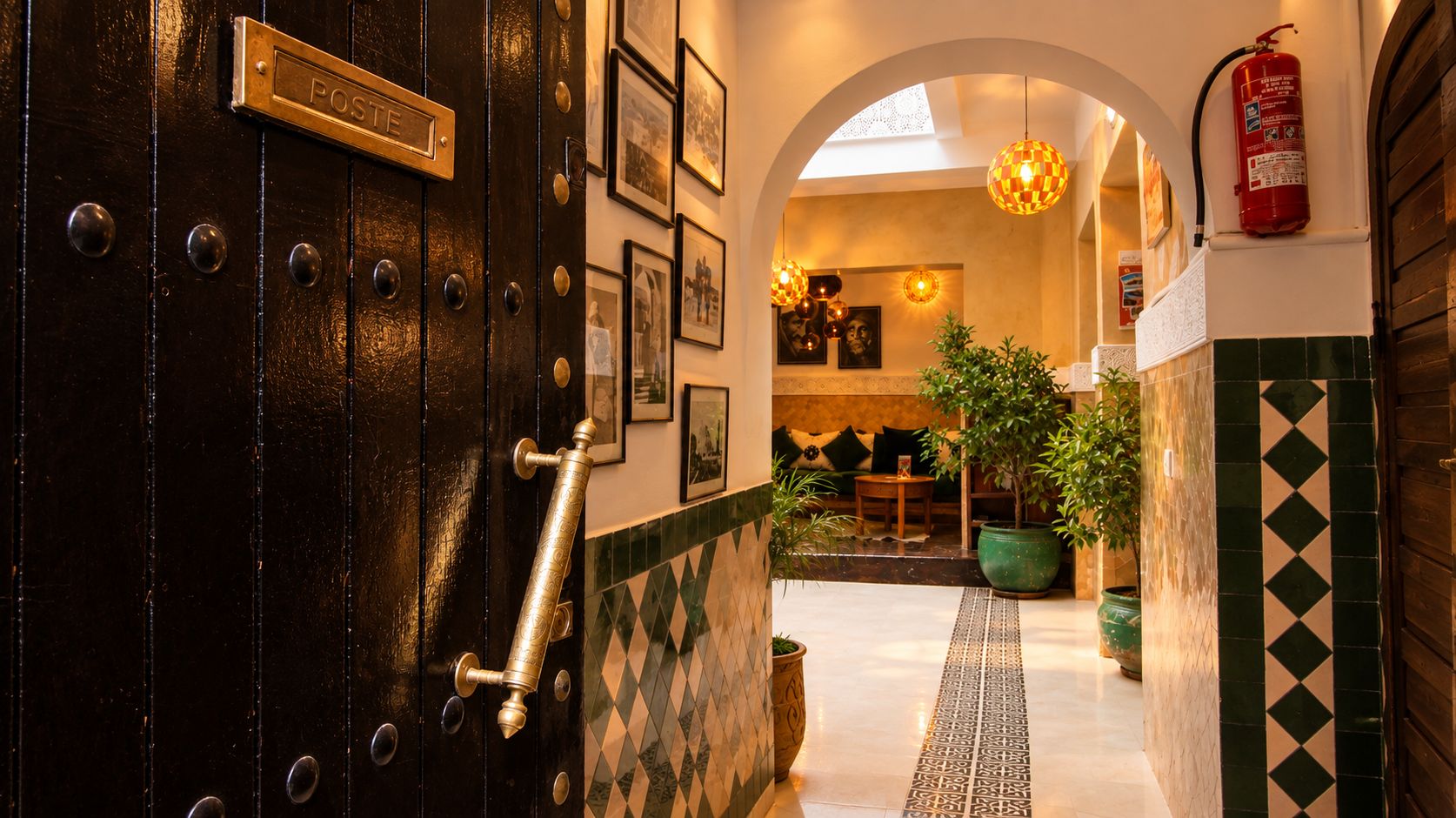Un vestíbulo de hotel con una puerta de madera oscura, un extintor, cuadros enmarcados en la pared y un piso de baldosas.