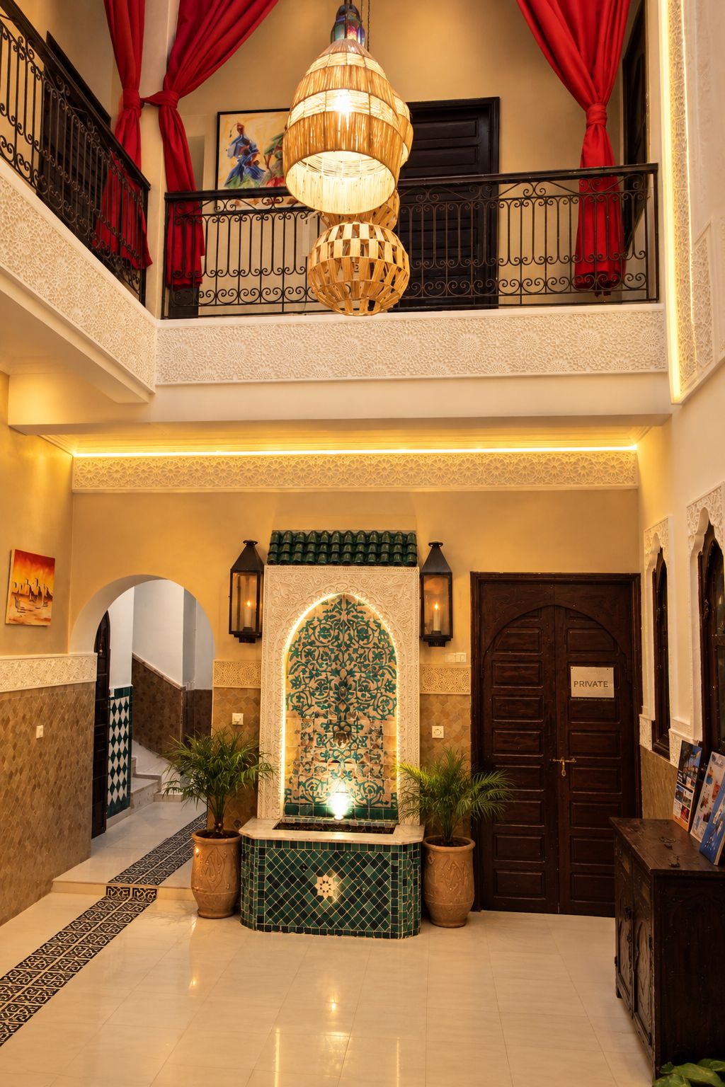 A lobby with a fountain, a staircase, and a 'PRIVATE' sign on a door.