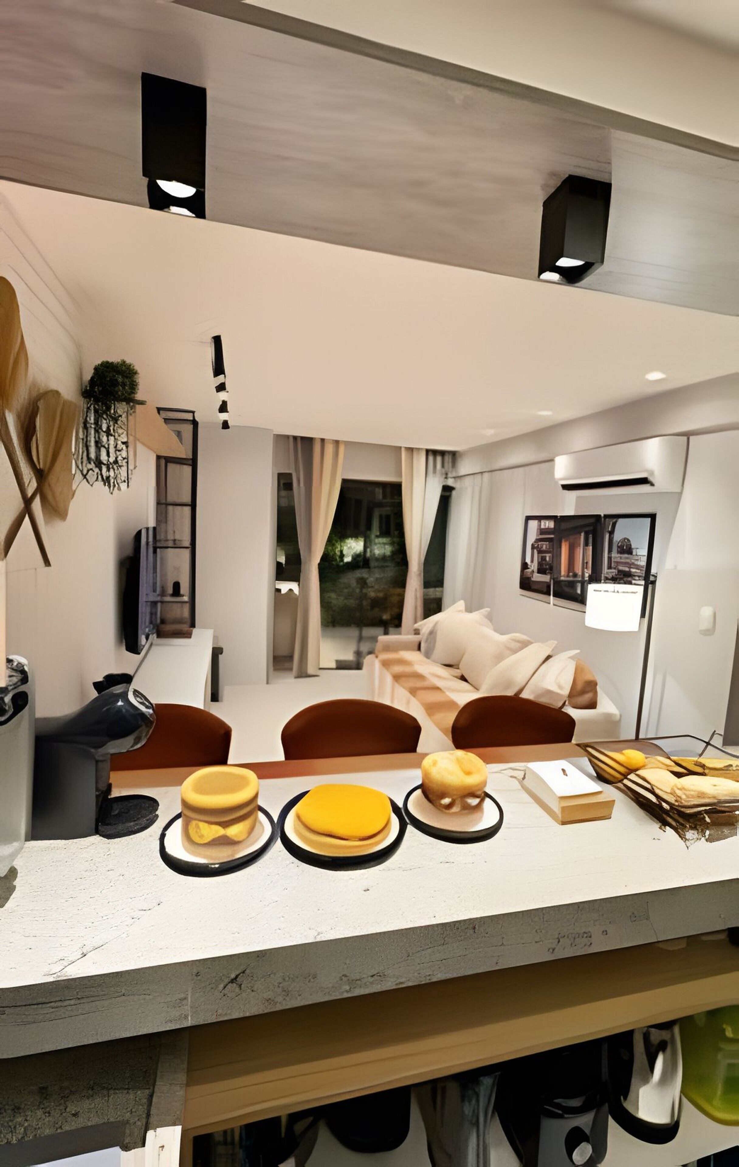 A modern living room with a sofa, a dining table with plates, and a view of the outdoors.