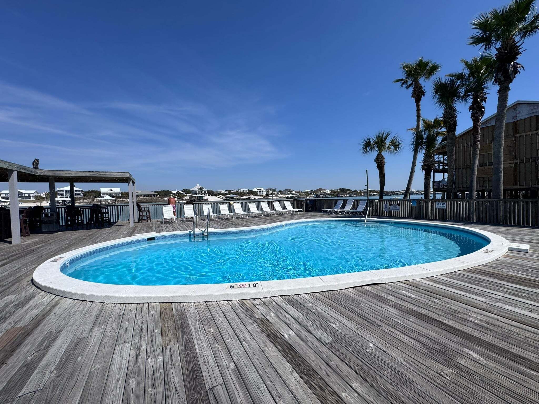 Une terrasse en bois avec une piscine, des chaises longues et des palmiers.