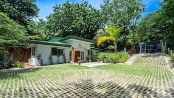 Una casa con techo verde, rodeada de abundante vegetación y un área pavimentada.