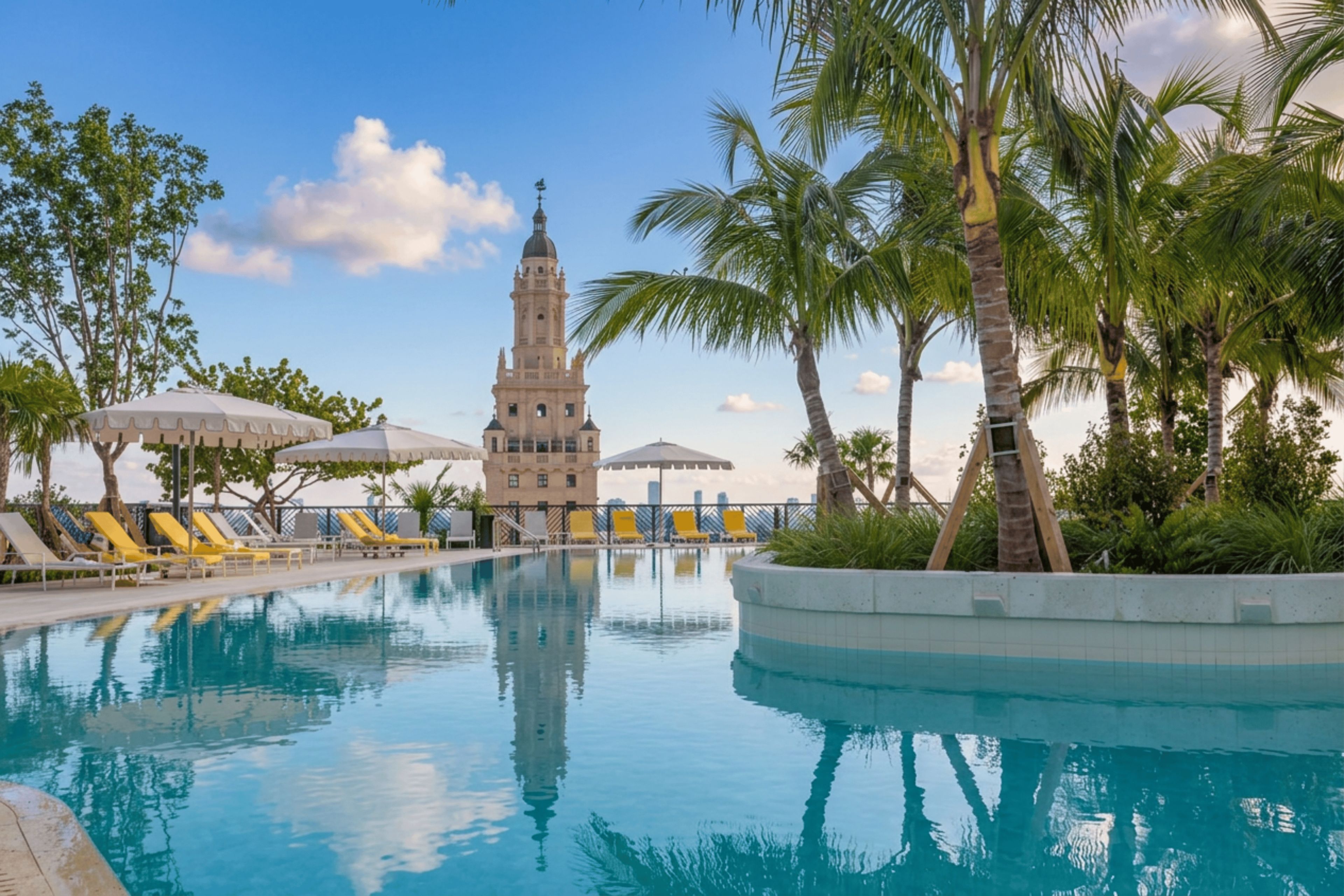 A swimming pool with lounge chairs and umbrellas, surrounded by palm trees and a building with a tower.