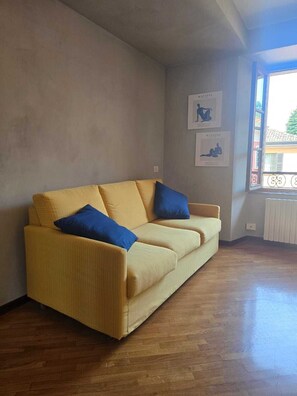 Ein Zimmer mit einer Couch, zwei Kissen, einer Heizung und Wandbildern.