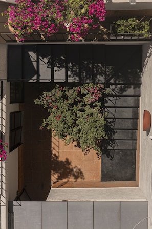 Eine Dachterrasse mit einem Blumentopf und einer hängenden Blumenanordnung.