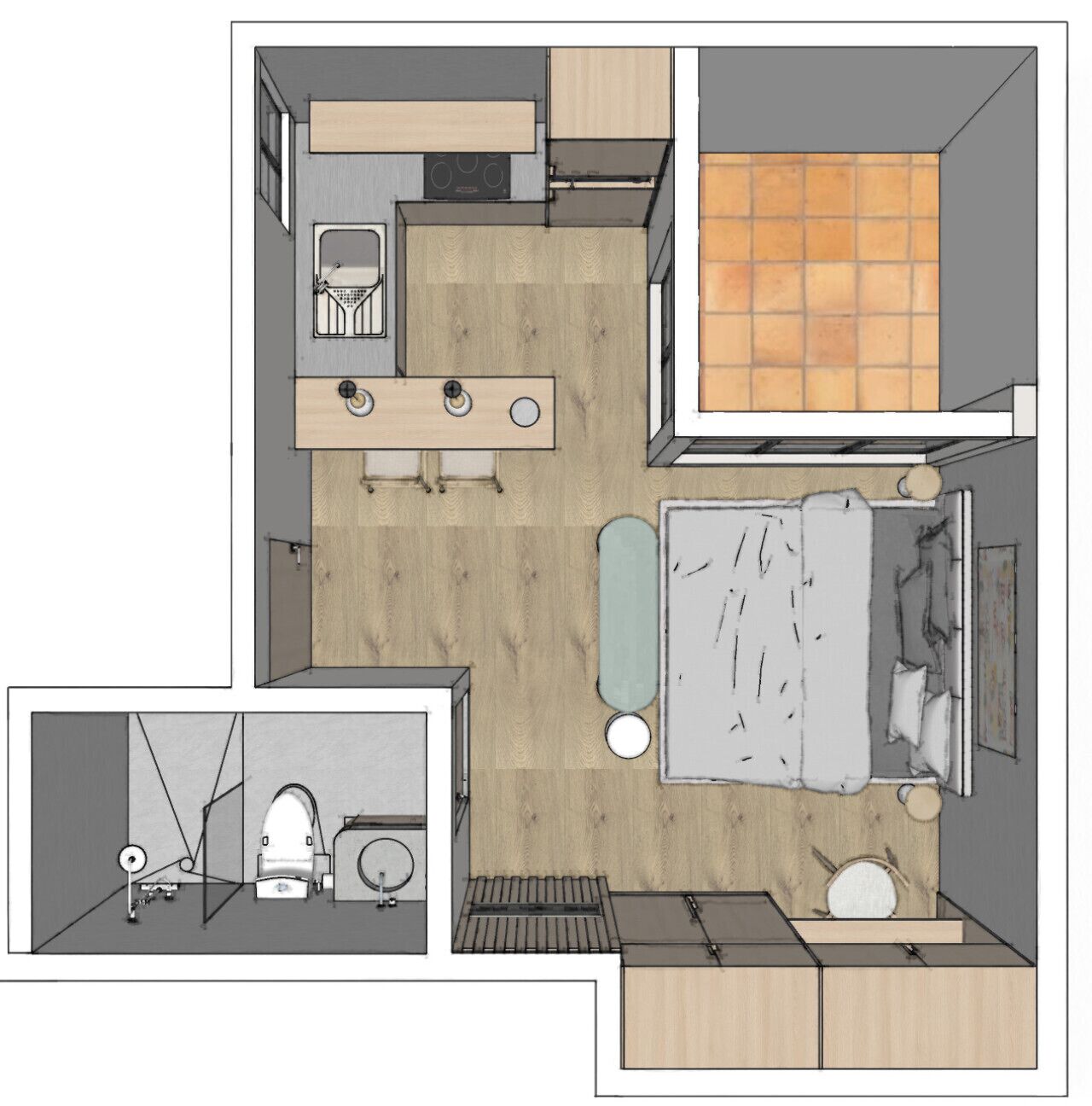Un plan d’étage d’une chambre d’hôtel comprenant un lit, une salle de bain, un coin cuisine et un espace salon.