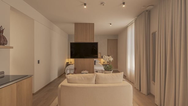 Habitació d'hotel moderna amb un sofà, una televisió de pantalla plana, una taula petita i una planta en test.