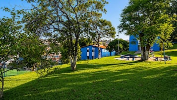 Puisto, jossa on vihreää ruohoa, puita, sininen rakennus ja leikkikenttä.